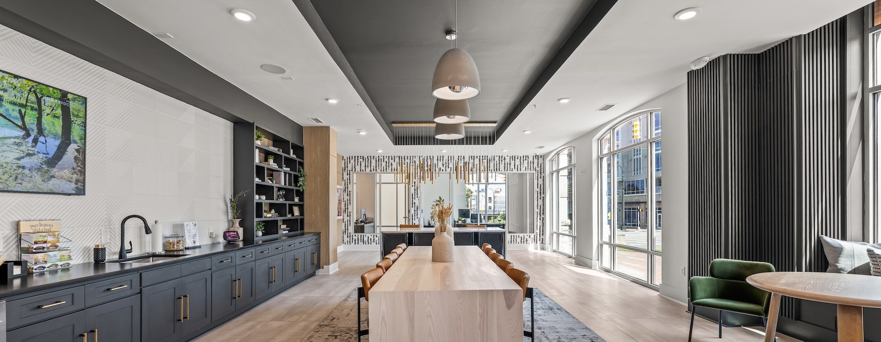 a community kitchen with tables and chairs